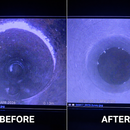 CCTV camera view contrasting a rough damaged drainage pipe before and restored circular liner after