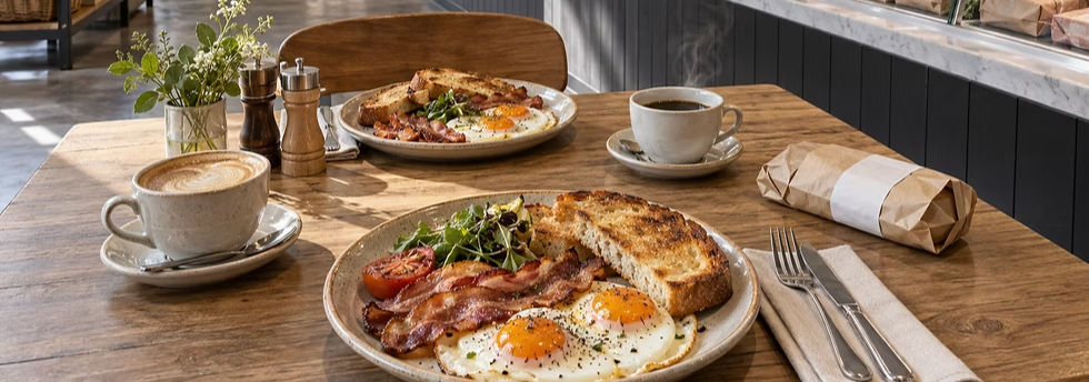Full breakfast plate with fried eggs, bacon, toast, and salad greens