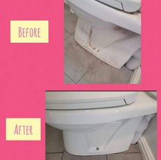 Before and after shots of a stained toilet bowl base thoroughly sanitised
