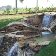 A serene garden scene features a small waterfall cascading over stone steps
