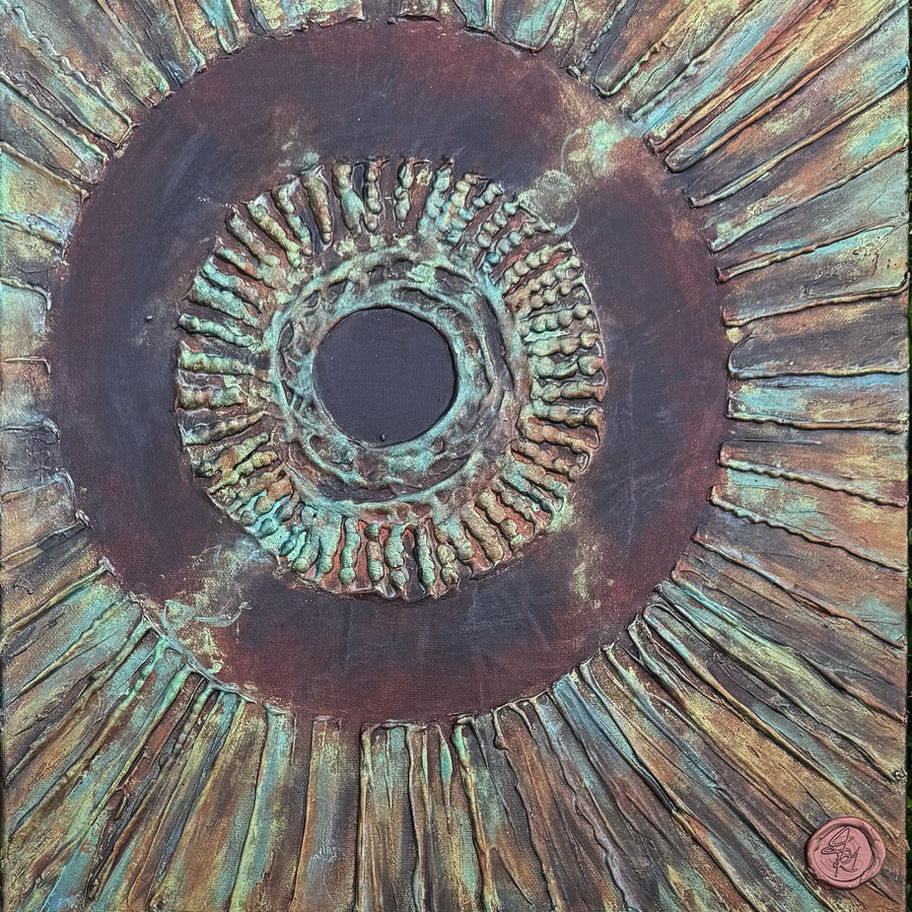 Abstrakte Metallskulptur, kreisförmig, rot-grün-braun, jenartis