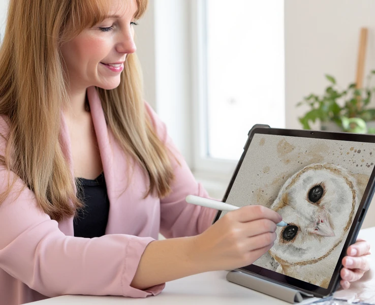 Künstlerin hält Tablet mit Eulenbild in der Hand