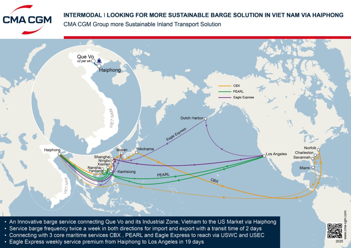 CMA CGM’nin Kuzey Vietnam’da Que Vo–Haiphong barge hattını devreye alarak ABD pazarına daha hızlı, maliyet etkin ve düşük emisyonlu taşımacılık bağlantısı sağlamasına ilişkin detaylı özet.