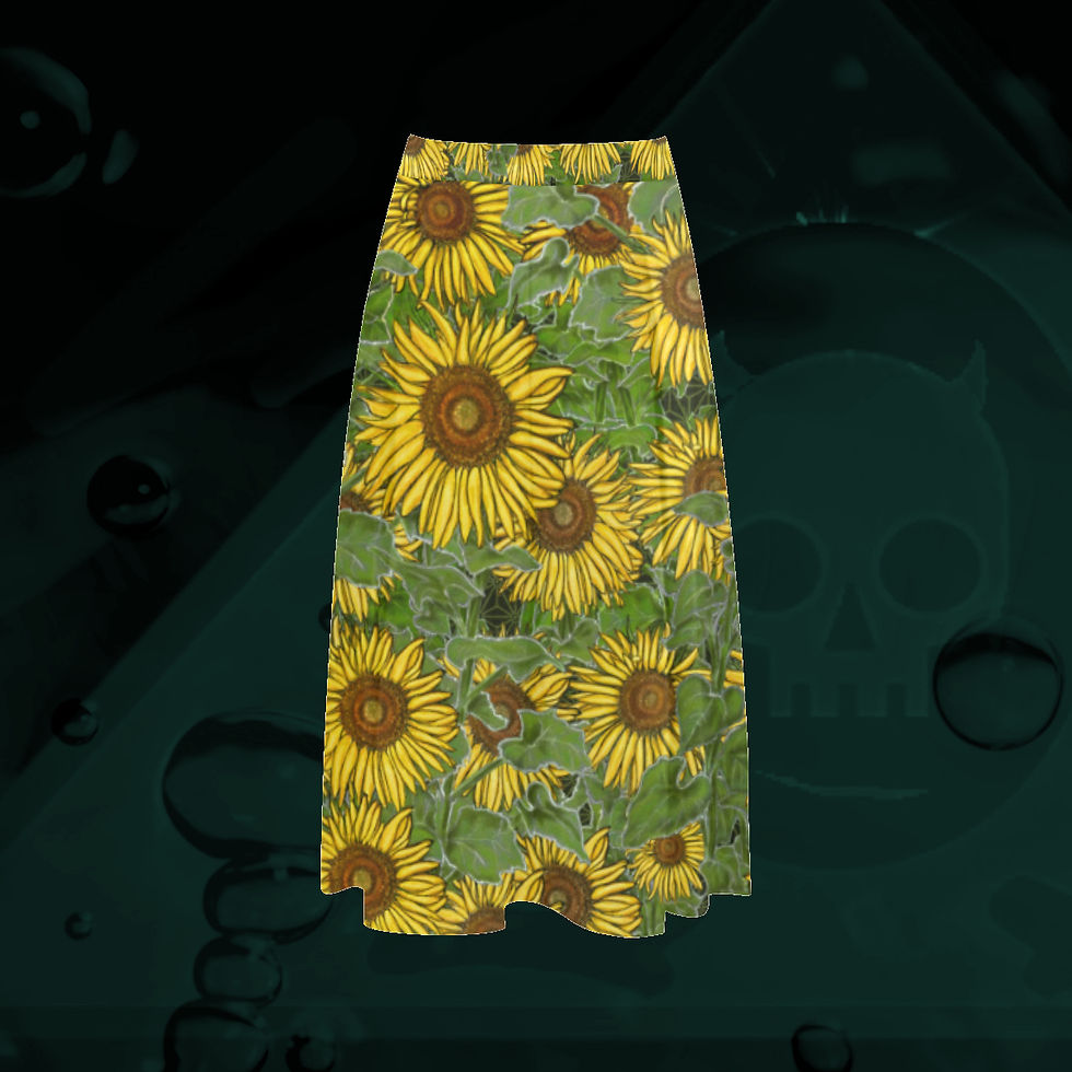 Thumbnail: The Lowest of Low Sunflower Field design all-over print flared crepe skirt 100% polyester smooth elegant and sweet (back)