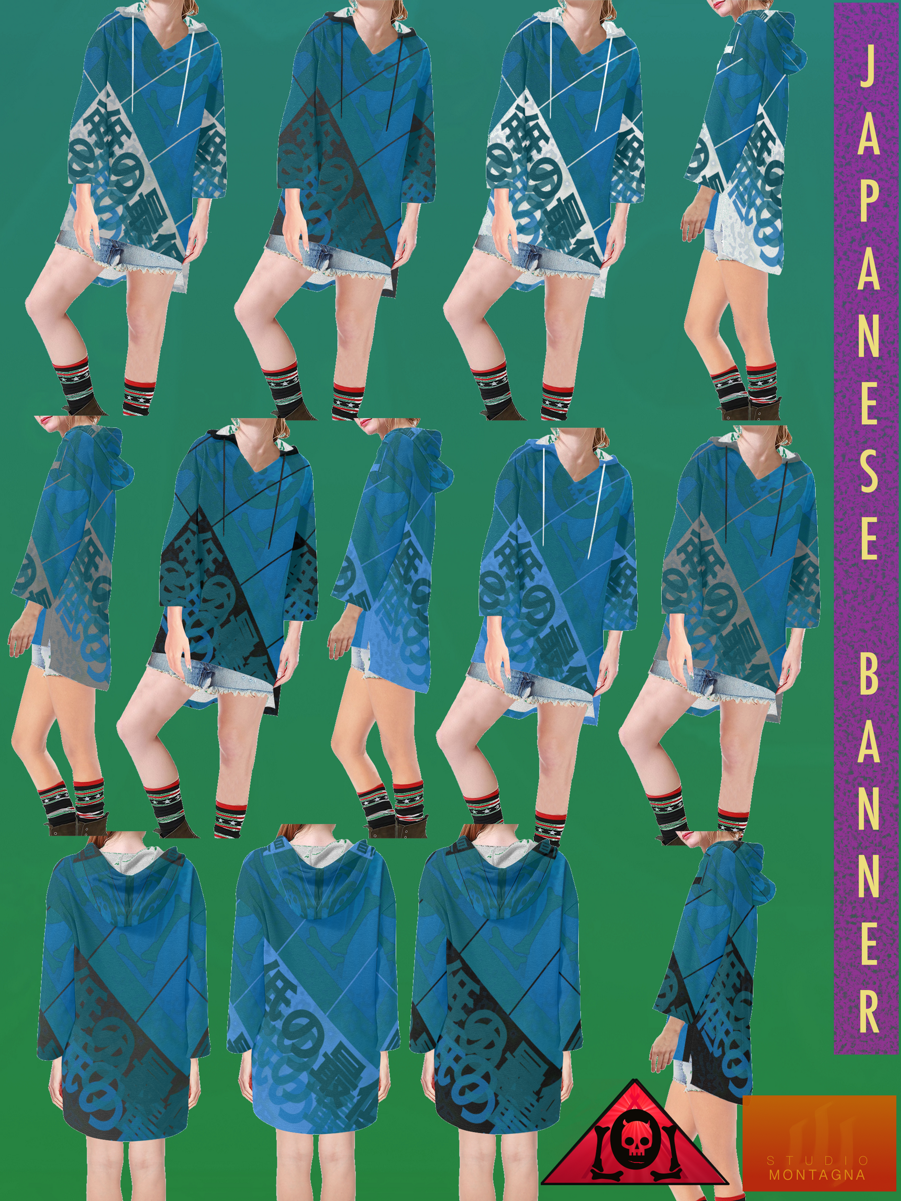 Japanese Banner Ladies’ Step-Hem Tunic Hoodies MEDITERRANEAN SEAS