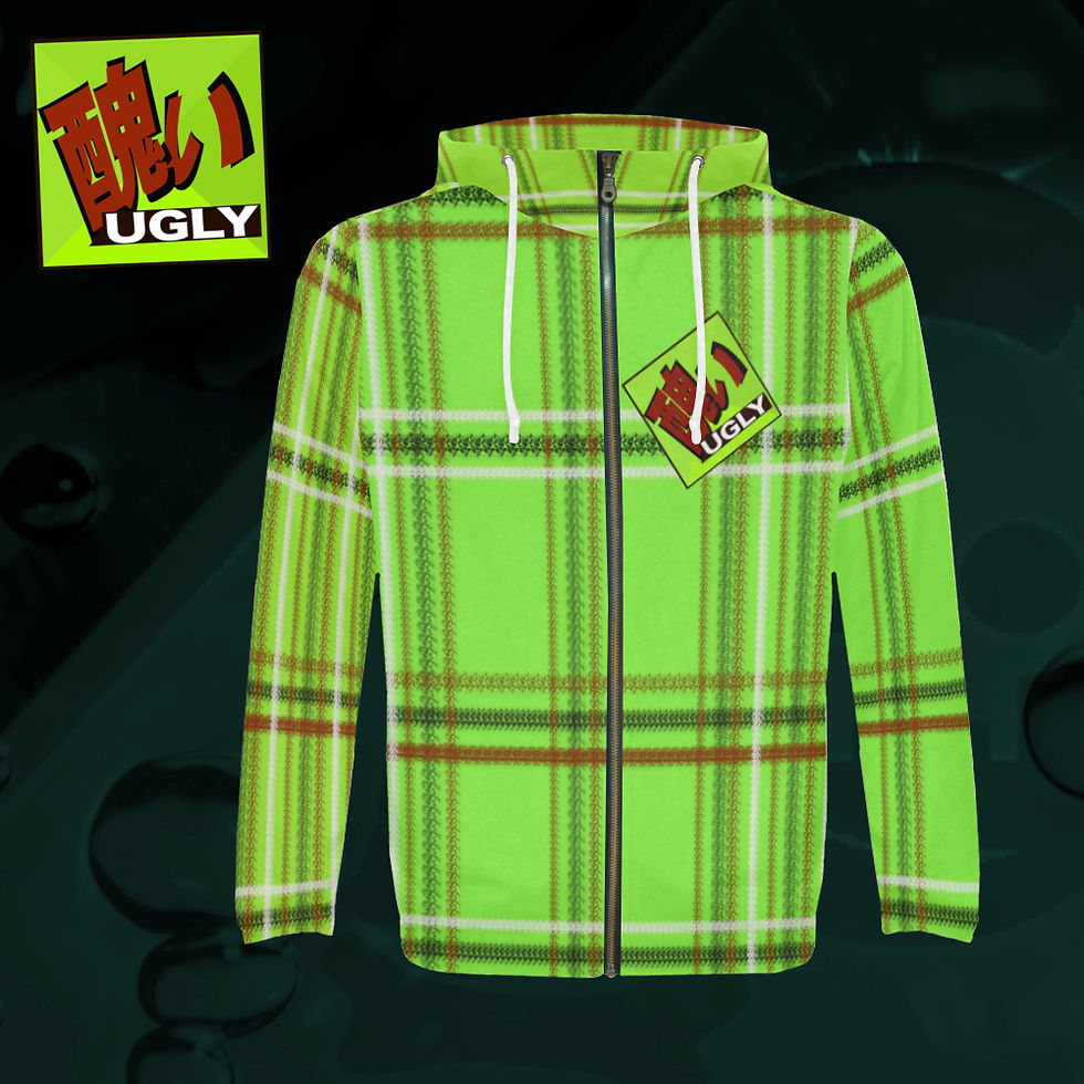 UGLY All-Over Print zipped hoodie hooded jacket warm comfort roomy style tartan plaid Lime green The Lowest of Low front
