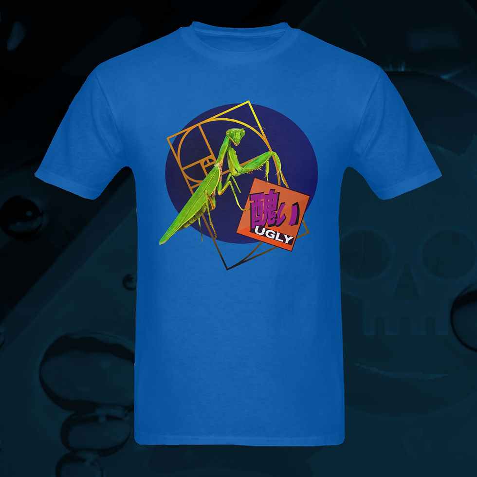 UGLY Praying Mantis 100% Cotton t-shirt round neck from The Lowest of Low US sizes S, M, L, XL, 2XL, 3XL front