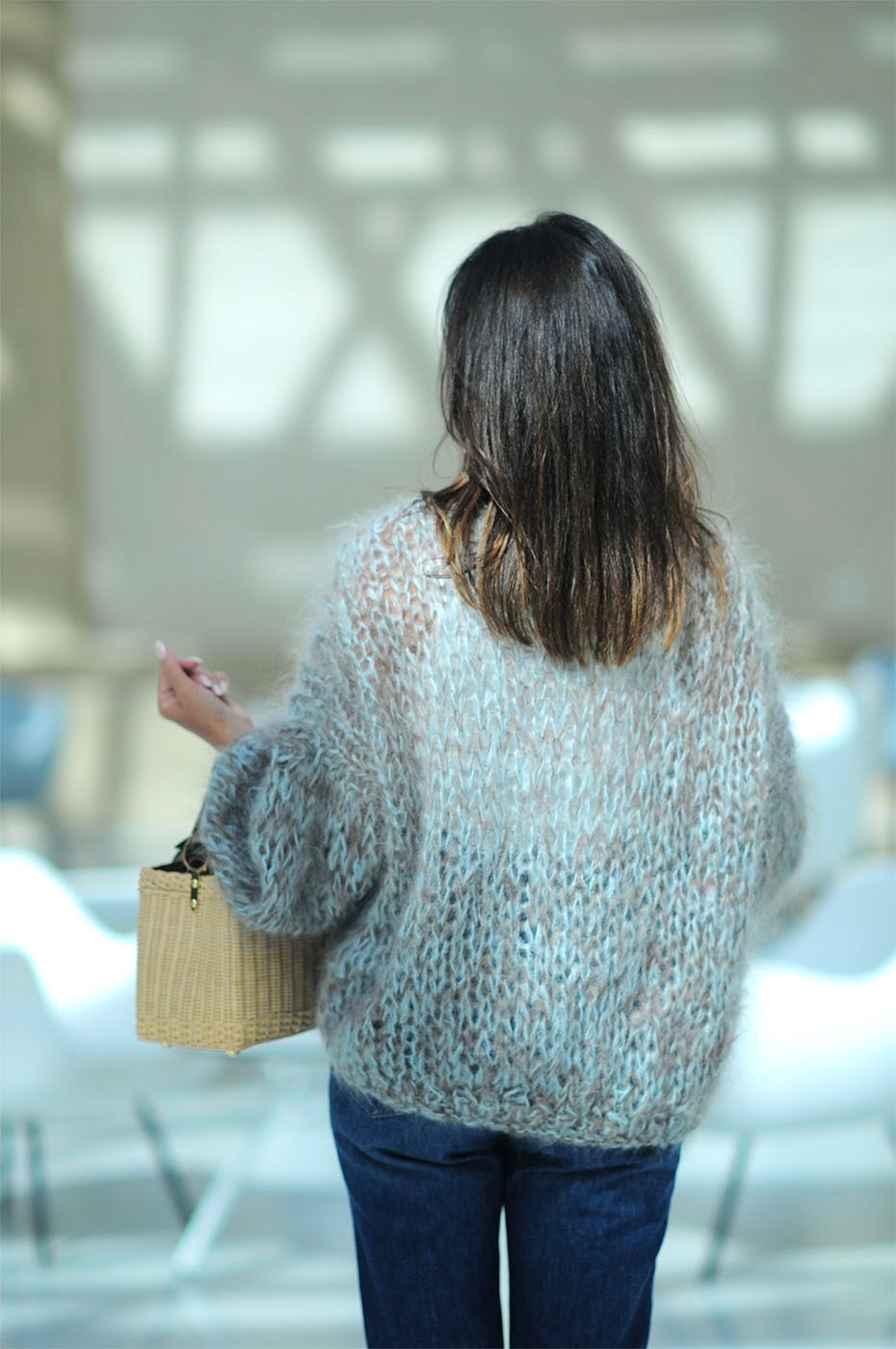 Thumbnail: hand knitted mohair cardigan in blue and brown back view