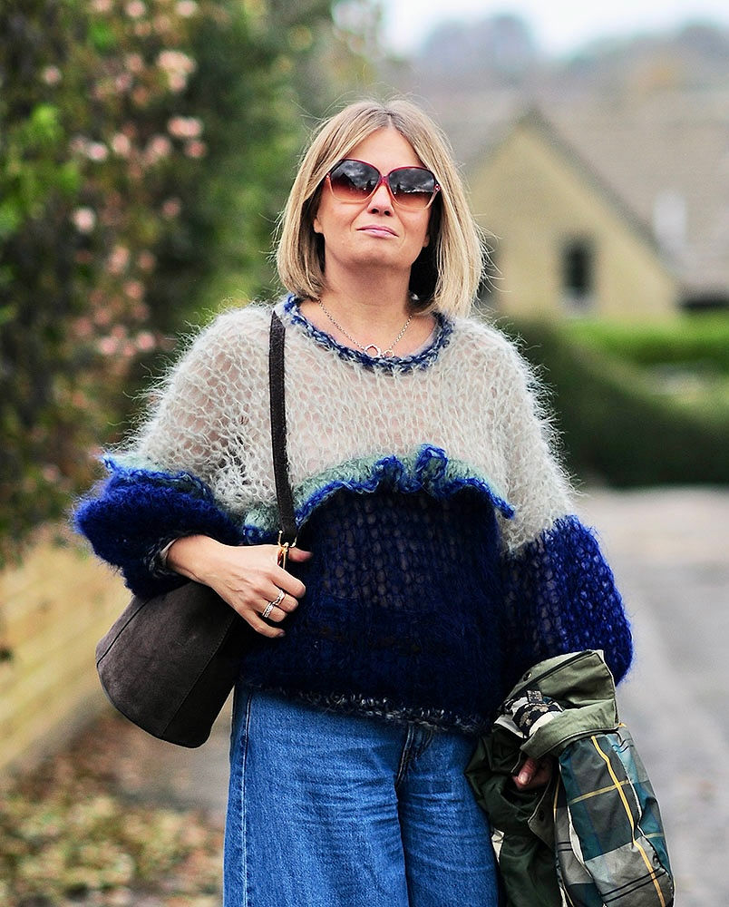Thumbnail: Ophelia hand knitted mohair jumper in sage and navy 
