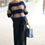 Thumbnail: Hand knitted striped jumper in beige and navy