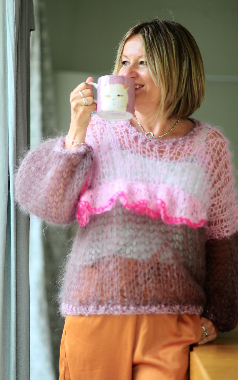 Thumbnail: Two tone frill mohair jumper knitted with 1 strand - knitting kit