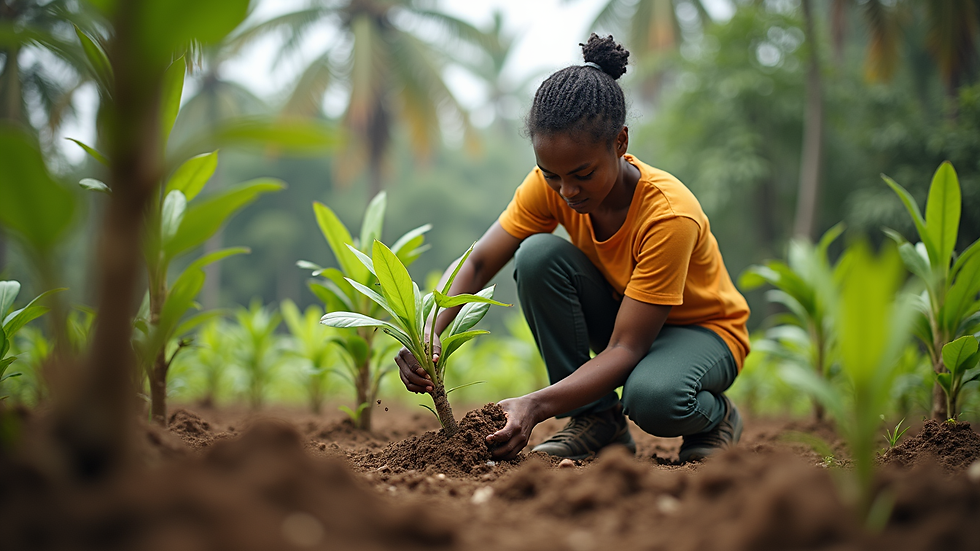 Eye-level view of a volunteer planting trees in a tropical village