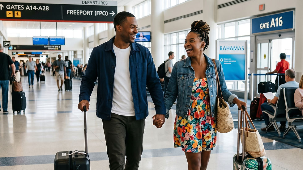 A couple at the airport traveling to the Bahamas