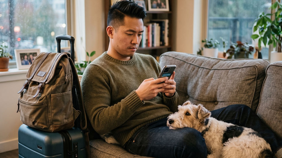 Man sitting on a couch looking at his phone