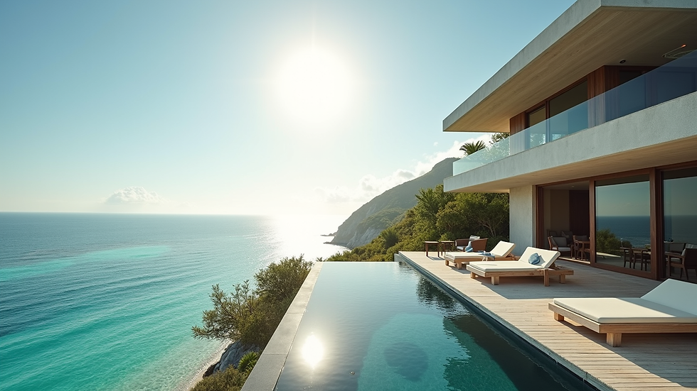 Wide angle view of a luxury villa overlooking a pristine beach