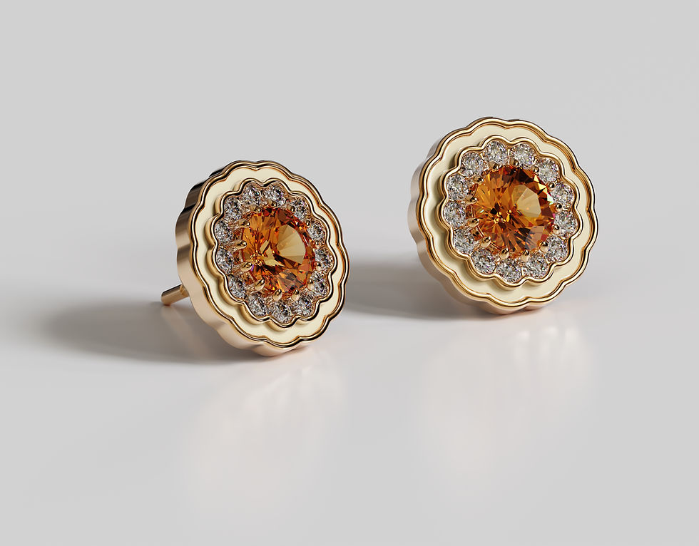 Mandarin garnet and enamel earrings with orange centers, diamond halos and scalloped gold edges