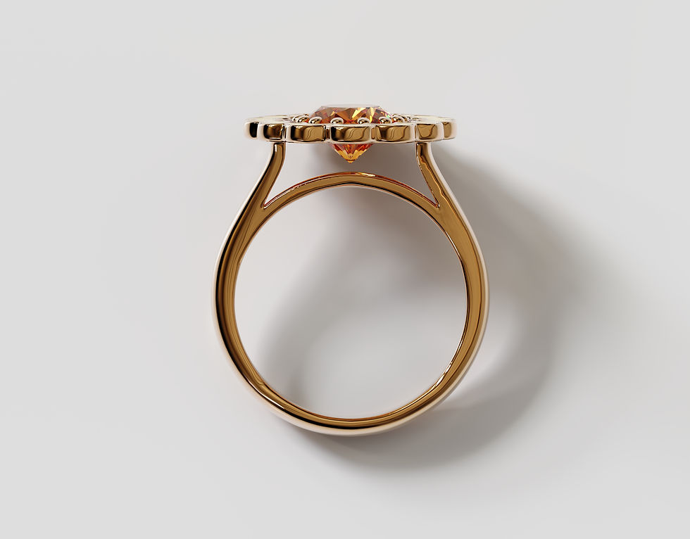 Thumbnail: Mandarin garnet and enamel ring with orange center stone, diamond halo and gold setting
