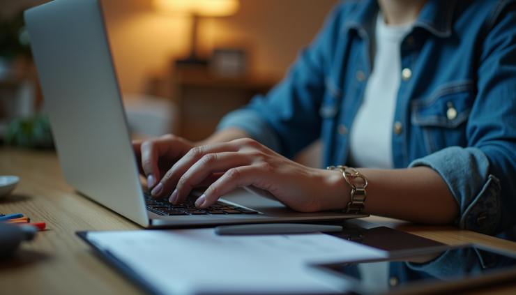 Eye-level view of a person working on a laptop with multiple communication apps open