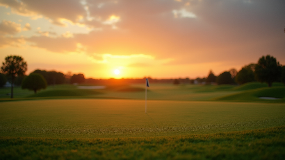 Eye-level view of a golf course with a beautiful sunset