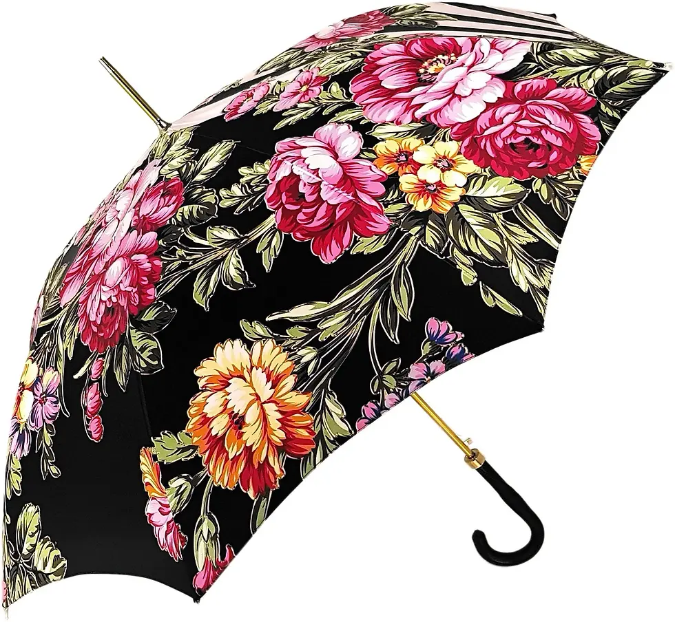 Black umbrella with floral patterns and flowers, Exquisite Blumen design.