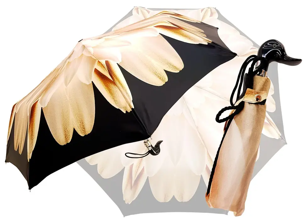 Open umbrella with floral design, black and cream color. Folding Umbrella with Gold-Plated Rainbow Handle