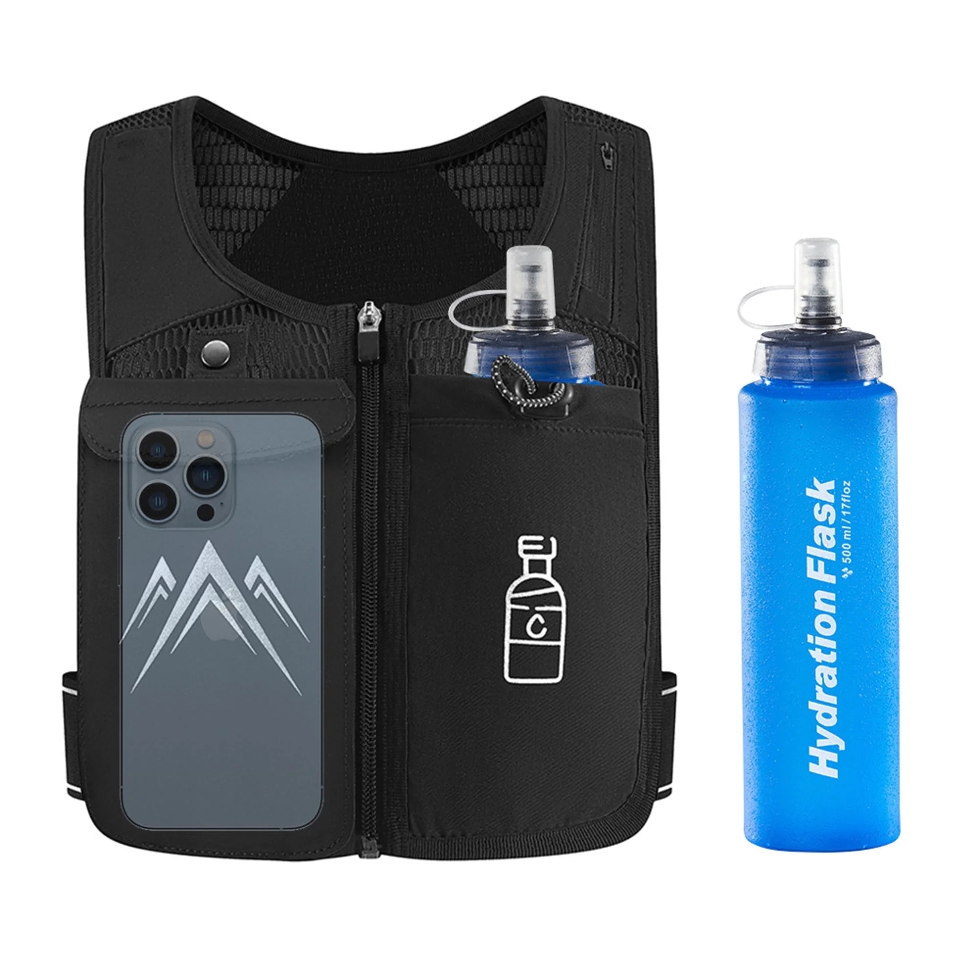 Running Vest, Zip Reflective Running Vests with 500Ml Hydration Bottle, Adjustab