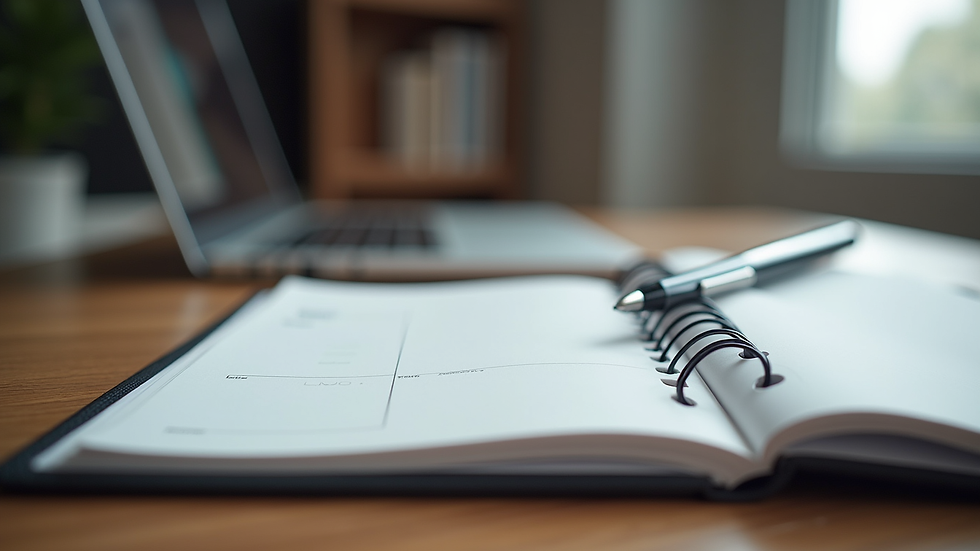 Vue rapprochée d'un bureau avec un agenda ouvert et un stylo posé dessus