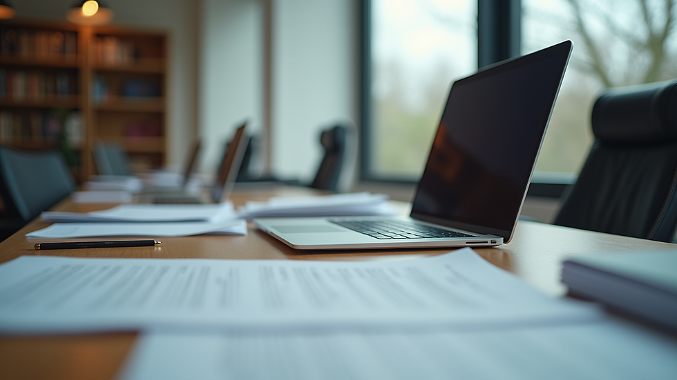 Vue en plongée d'un bureau avec des documents légaux et un ordinateur portable ouvert