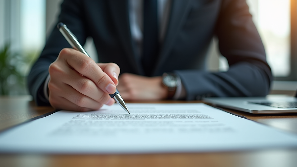 Vue rapprochée d'un bureau avec un contrat signé et un stylo posé dessus