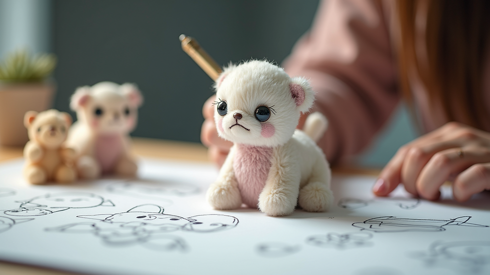 Eye-level view of plush toy design sketches on a table