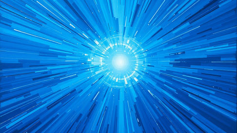 Arte abstrata azul com feixes radiais convergindo para um centro branco brilhante, lembrando túnel de luz.