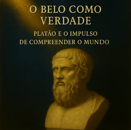 Busto de Platão iluminado em tom dourado, associado ao tema do belo como verdade.