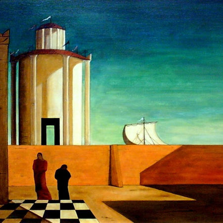 Pintura figurativa com arquitetura geométrica, duas figuras humanas em primeiro plano e um barco à vela sob céu azul esverdeado.