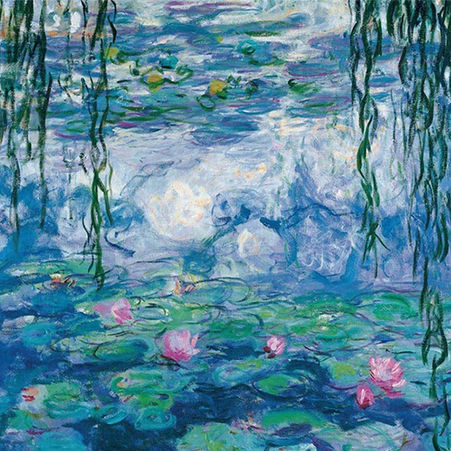 Pintura de Claude Monet com lago de ninfeias, flores rosadas e reflexos de salgueiros sobre a água azul.