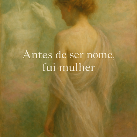 Imagem em atmosfera pictórica e suave mostra uma mulher de costas, envolta por um tecido translúcido em tons quentes e esverdeados. Ao fundo, surge de forma esfumada a figura de uma escultura masculina clássica. Sobre a cena, lê-se a frase “Antes de ser nome, fui mulher”.
