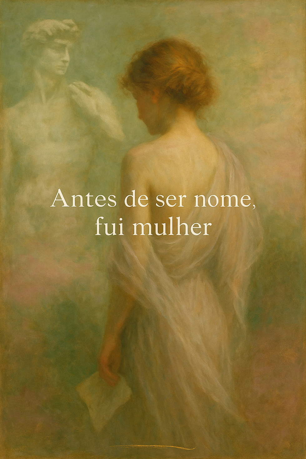 Imagem em atmosfera pictórica e suave mostra uma mulher de costas, envolta por um tecido translúcido em tons quentes e esverdeados. Ao fundo, surge de forma esfumada a figura de uma escultura masculina clássica. Sobre a cena, lê-se a frase “Antes de ser nome, fui mulher”.