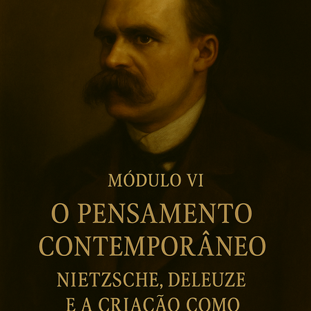 Retrato pictórico de Friedrich Nietzsche em tons escuros e dourados, com tipografia central anunciando o módulo “O pensamento contemporâneo, Nietzsche, Deleuze e a criação como potência”.
