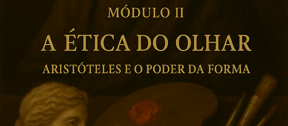 Imagem com retrato de Aristóteles em fundo escuro, acompanhada de paleta de pintura, pincéis e busto clássico, associando filosofia, arte e ética do olhar.