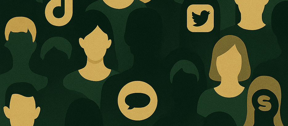 Ilustração de capa em verde e dourado com figuras humanas estilizadas e ícones digitais, título “Ainda somos gente? Crônicas” e autoria de Marisa Melo.