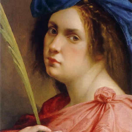 Pintura barroca de Artemisia Gentileschi representando uma jovem mulher em meio-busto, com expressão firme e olhar direto, vestida com túnica rosada e manto azul sobre a cabeça, segurando um ramo verde, fundo escuro que destaca o rosto e a luz sobre a pele.