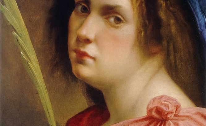 Pintura barroca de Artemisia Gentileschi representando uma jovem mulher em meio-busto, com expressão firme e olhar direto, vestida com túnica rosada e manto azul sobre a cabeça, segurando um ramo verde, fundo escuro que destaca o rosto e a luz sobre a pele.
