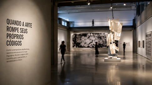 Museu de arte contemporânea com instalação suspensa, mural preto e branco e visitantes; texto: Quando a arte rompe seus próprios códigos.