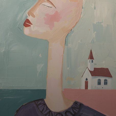 pintura de uma igreja e uma mulher com pescoço comprido.