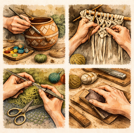 Ilustração artística em estilo artesanal mostrando mãos trabalhando manualmente com cerâmica, macramê, crochê e madeira, destacando o valor do detalhe e do feito à mão na arte contemporânea.