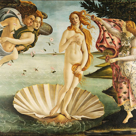 Pintura O Nascimento de Vênus, de Sandro Botticelli, ícone do Renascimento, representando o ideal de beleza clássica, mito e a imagem como medida do mundo, ilustrando o texto sobre história da arte e linguagem visual.