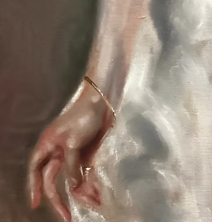 Pintura em óleo de Célio Amorth com fragmento de mão feminina segurando tecido claro, apresentada na exposição De Onde Eu Vim: Reconstruindo Memórias, Recriando Caminhos, com curadoria de Marisa Melo.