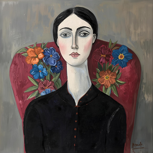 Pintura acrílica sobre tela com figura feminina estilizada, pescoço alongado e ausência de traços faciais, organizada por cor, forma e equilíbrio compositivo.