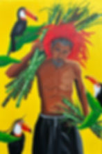 Pintura de Bia Cândido com homem, tucanos e folhagem sob fundo amarelo.