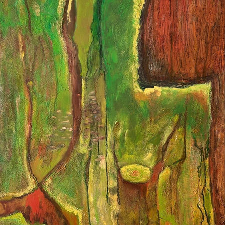 Pintura abstrata em tons de verde, ocre e marrom, com camadas espessas de tinta, texturas marcadas e formas orgânicas que sugerem superfícies naturais, veios e cortes, criando uma composição densa e vertical.