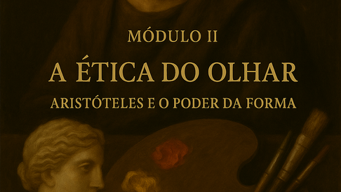 Imagem com retrato de Aristóteles em fundo escuro, acompanhada de paleta de pintura, pincéis e busto clássico, associando filosofia, arte e ética do olhar.